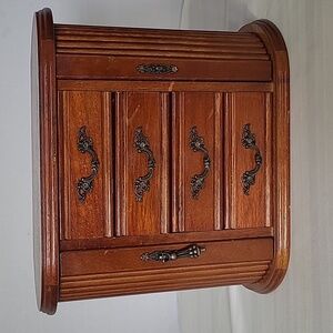 VINTAGE CHERRY WOOD L JEWELRY ORGANIZER HINGED LID SIDE DOORS W/MIRROR 3 DRAWERS